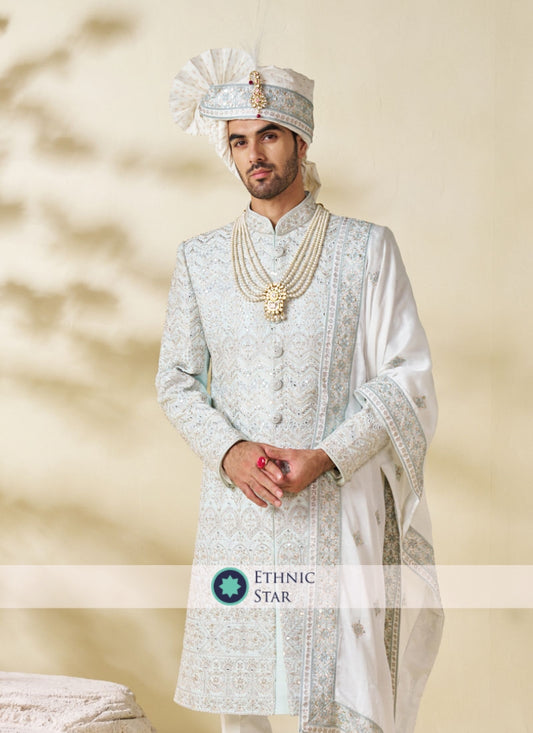 Sky Blue And White Combination Sherwani