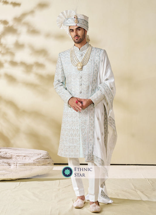 Sky Blue And White Combination Sherwani