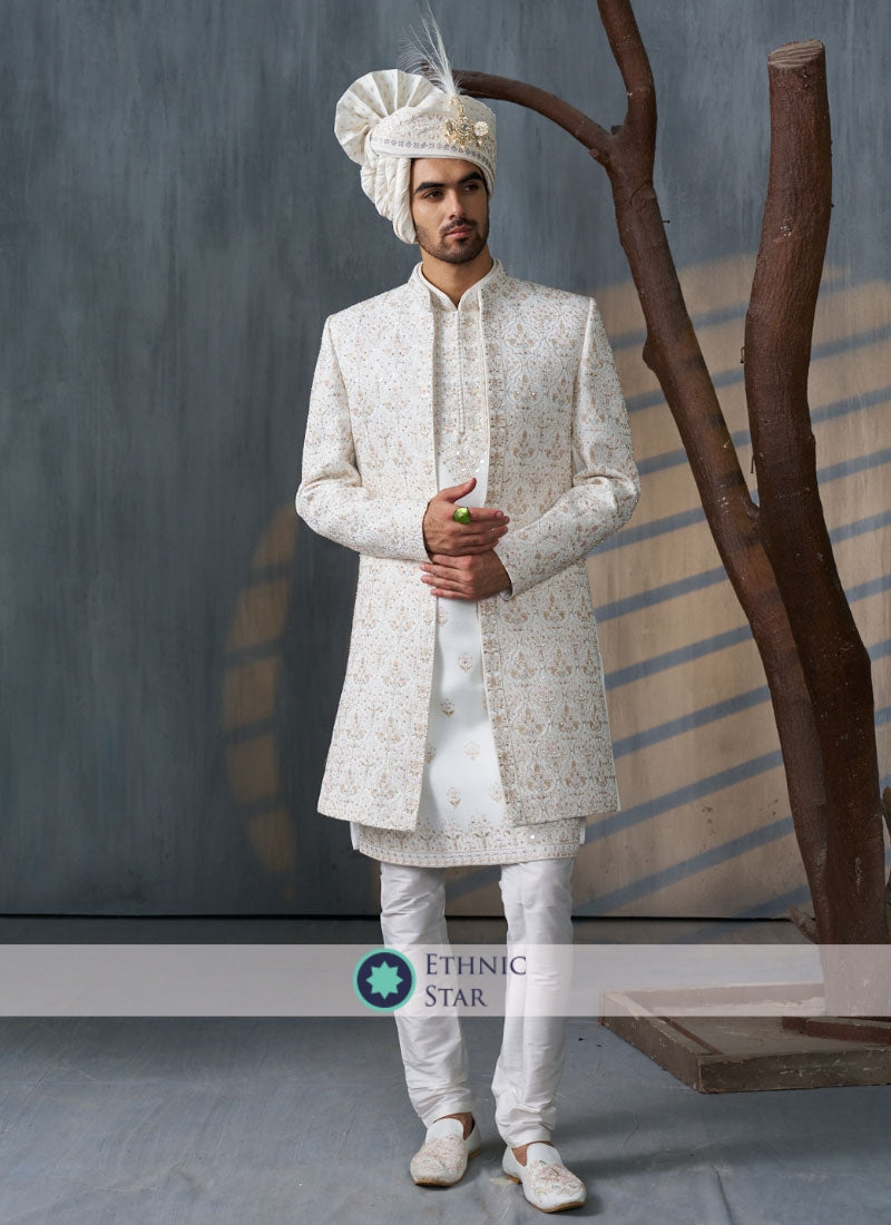 Silk White Designer Work Jacket Style Sherwani