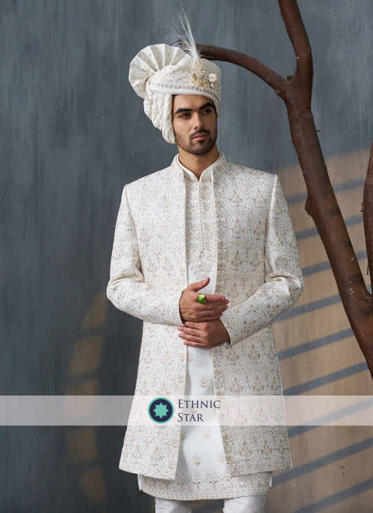 Silk White Designer Work Jacket Style Sherwani