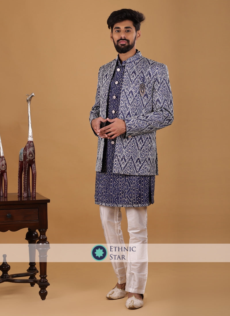 Bandhani Printed Blue Indowestern For Men