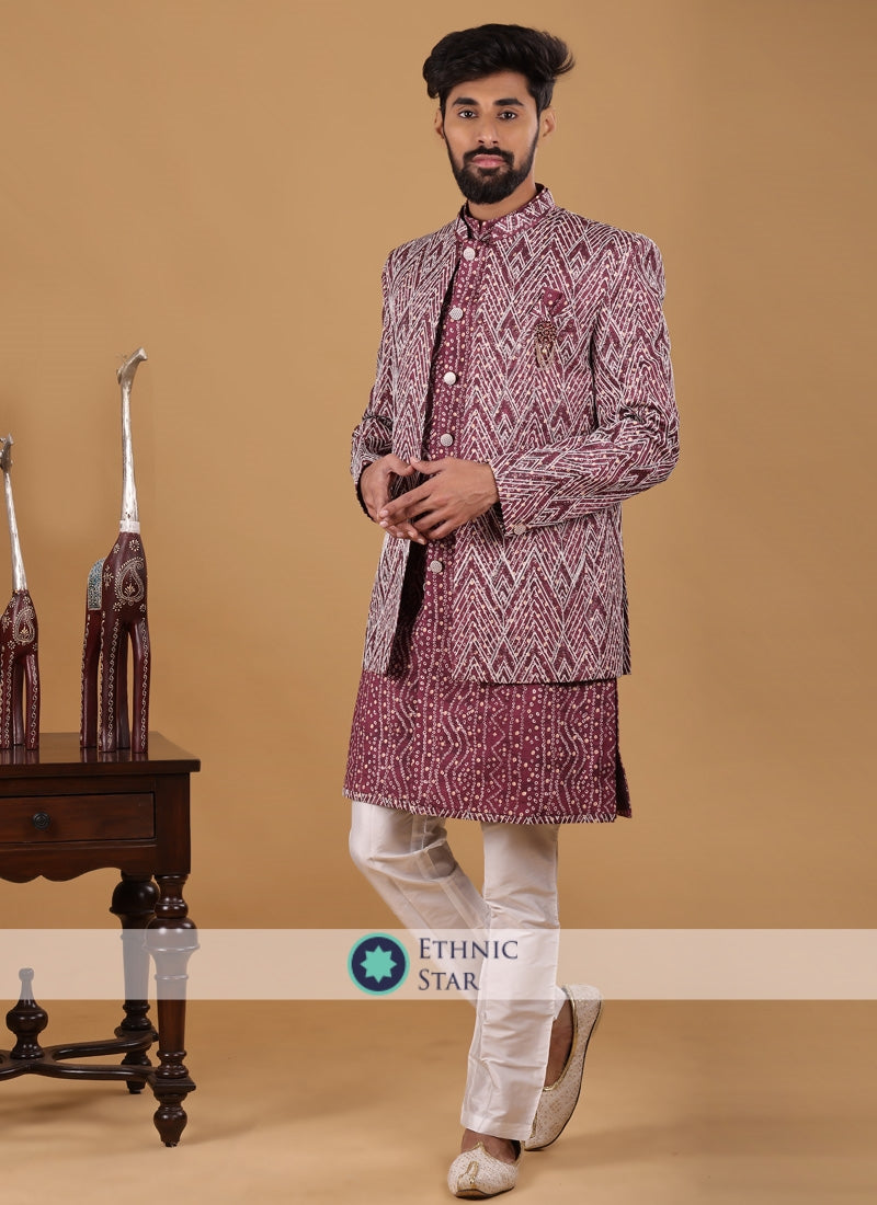 Bandhani Printed Maroon Indowestern For Men