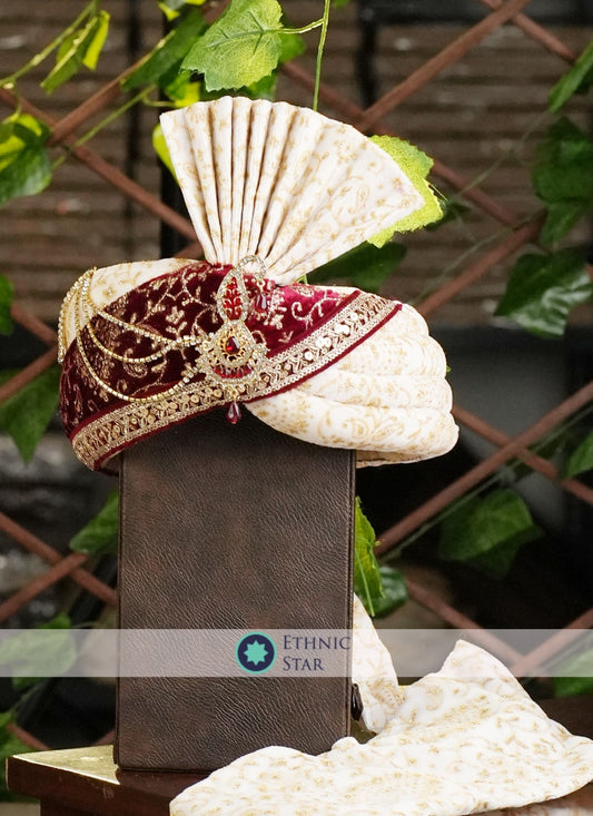 Off White And Maroon Groom Wear Safa For Wedding