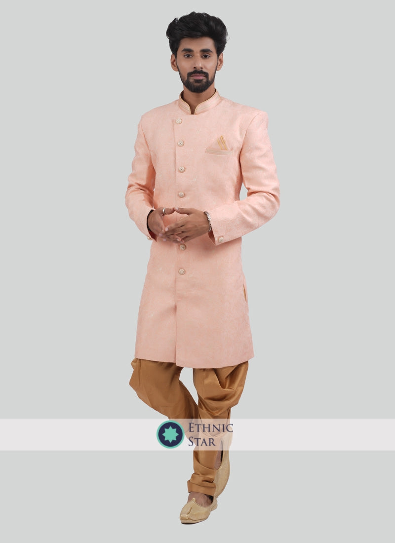 Peach Color Indowestern In Silk Fabric