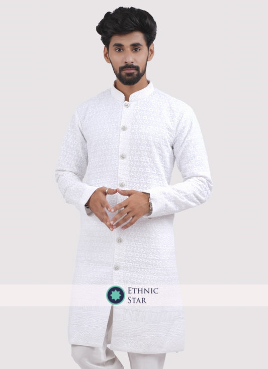 Readymade White Embroidered Indowestern For Men