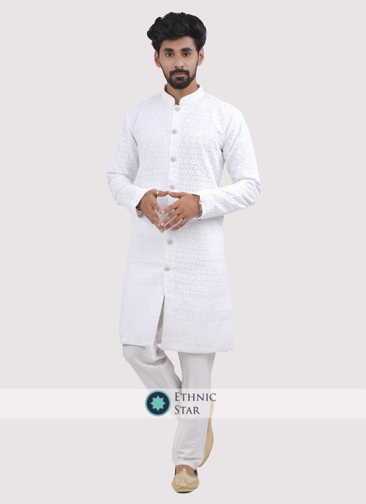 Readymade White Embroidered Indowestern For Men