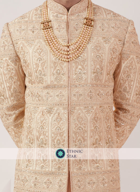 Peach Silk Sherwani With Intricate Embroidery