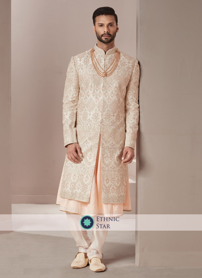 Wedding Wear Cream Embroidered Sherwani In Silk