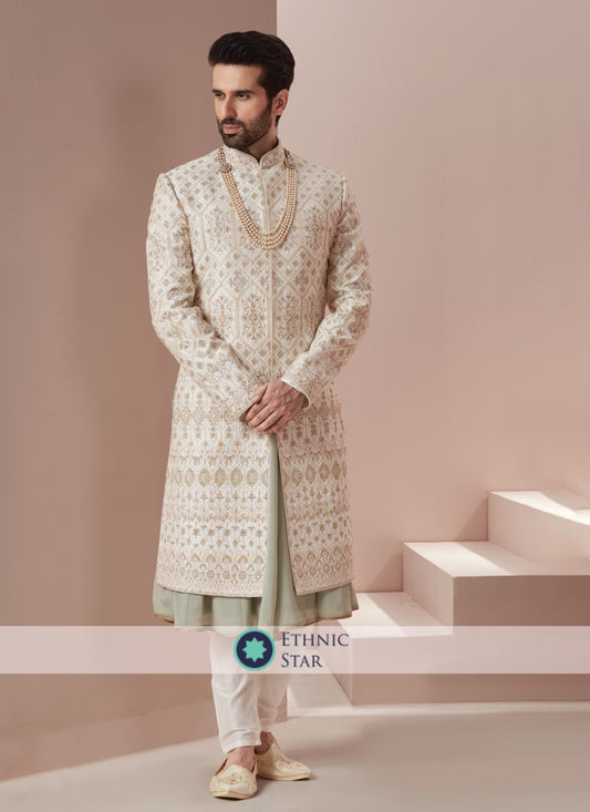 Off White Embroidered Silk Sherwani For Groom