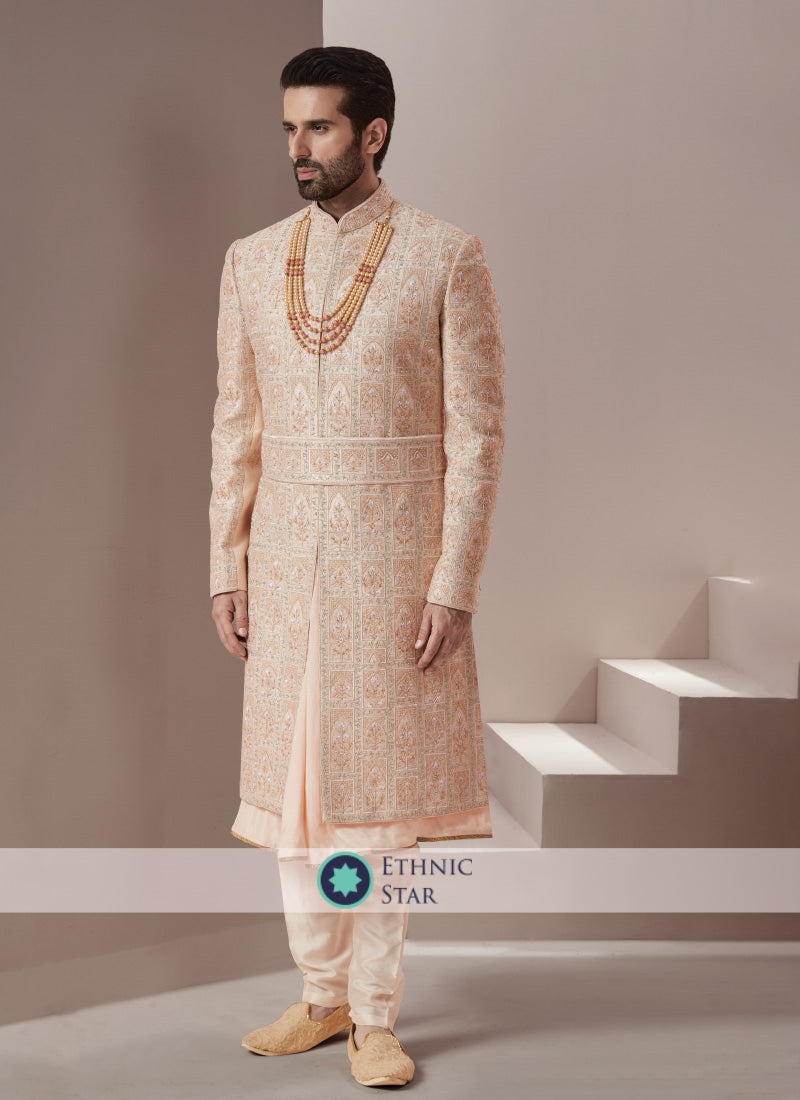 Groom Embroidered Wedding Sherwani In Peach Color