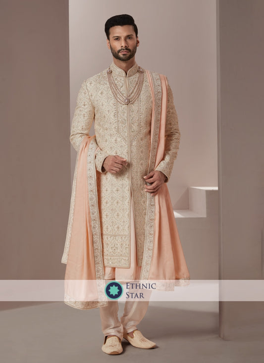 Groom Embroidered Sherwani In Cream Color