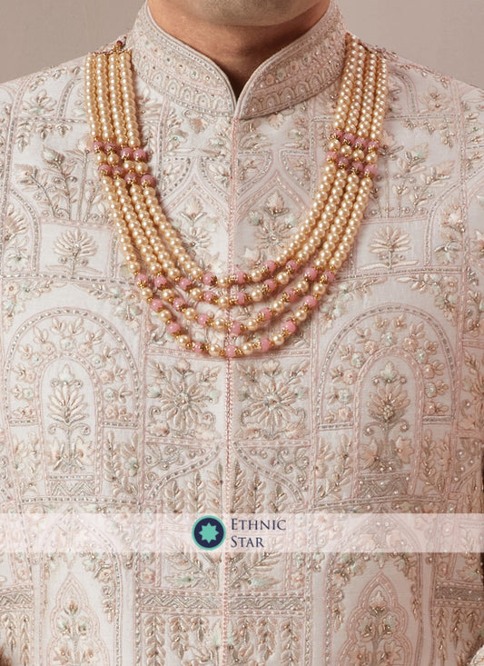 Wedding Wear Embroidered Light Pink Silk Sherwani