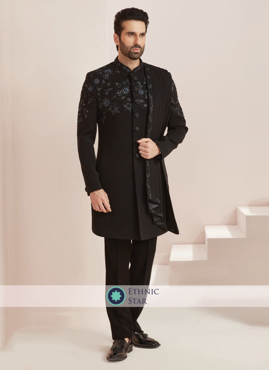 Black Embroidered Indowestern Set In Imported Fabric
