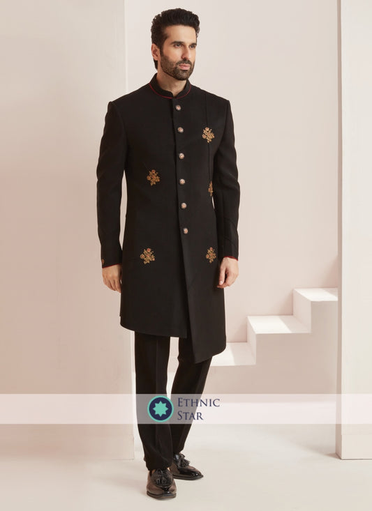 Black Embroidered Indowestern Set In Imported Fabric