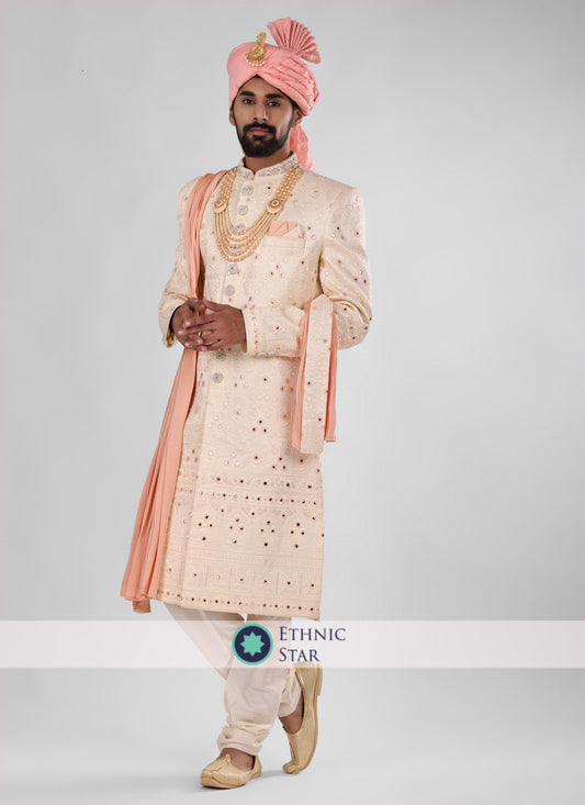 Art Silk Groom Wear Sherwani In Peach Color