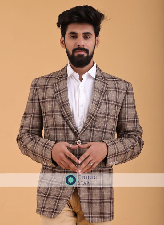 Tweed Khaki Color Checks Blazer For Men