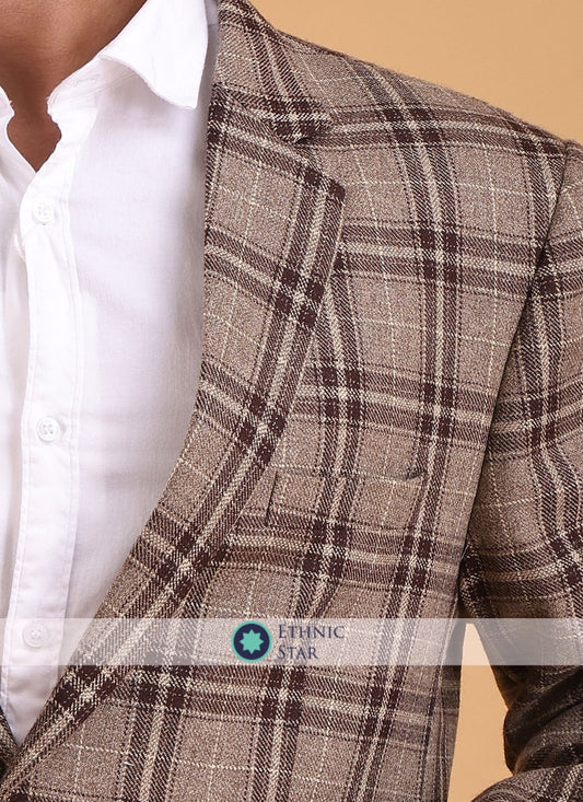 Tweed Khaki Color Checks Blazer For Men