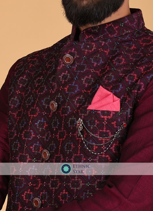 Wine Silk Fabric Nehru Jacket Set