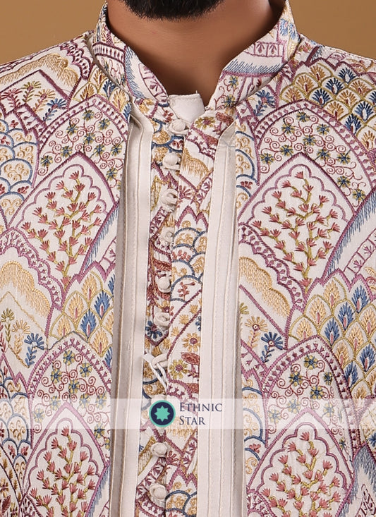 Festive Wear Embroidered Cream Indowestern Set