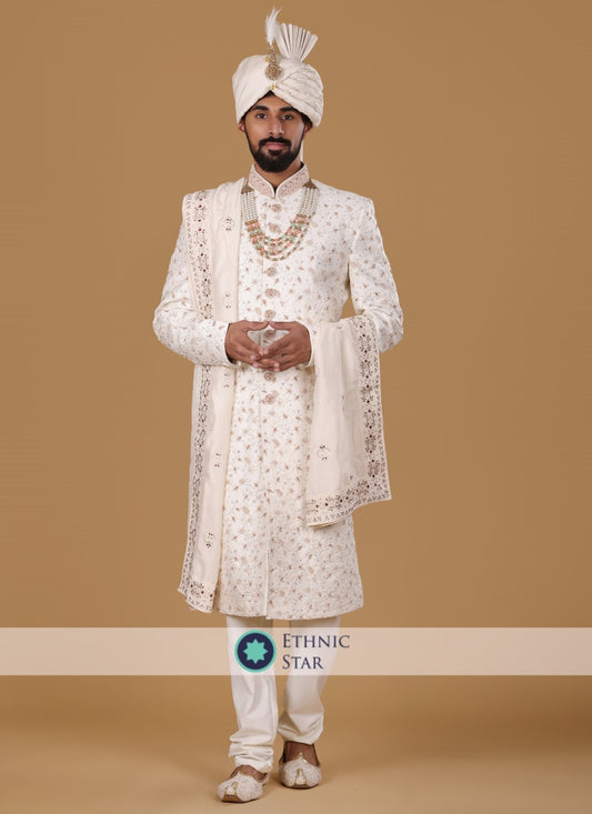 Zardosi Groom Wear Sherwani In Cream Color