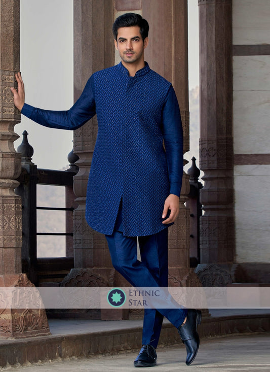 Readymade Jacket Style Indowestern In Navy Blue