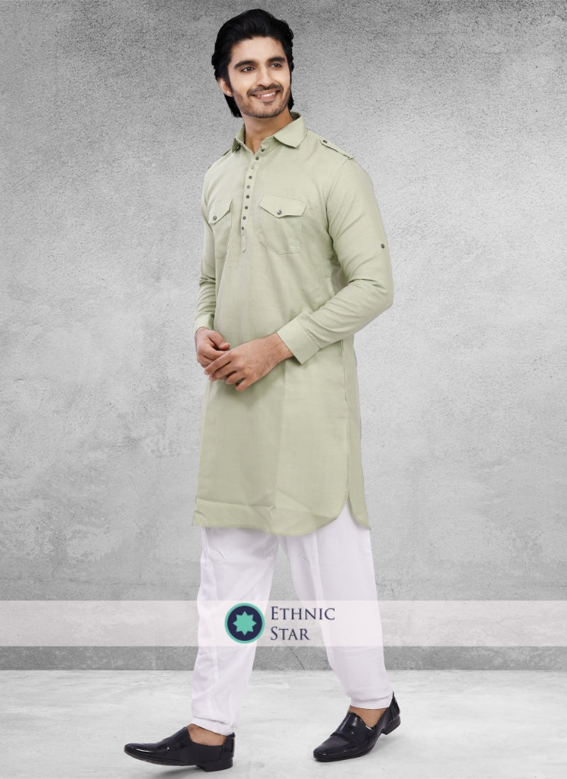Light Pista And White Pathani Suit For Mens