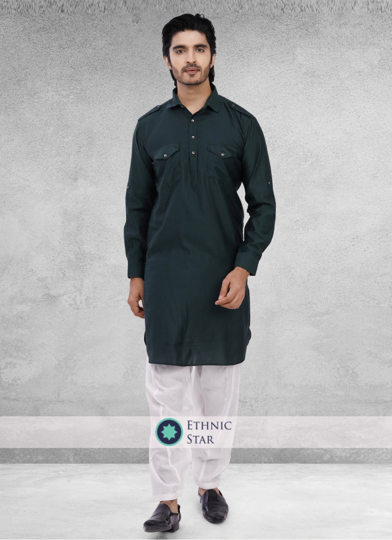 Green Pathani Set In Cotton Silk – Ethnic Star