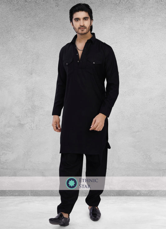 Mens Black Pathani Suit In Cotton Silk