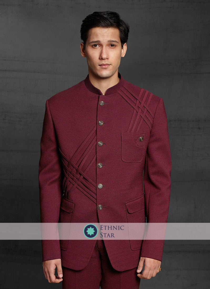 Bandhgala Two Piece Wine Printed Formal Suit - Paisey